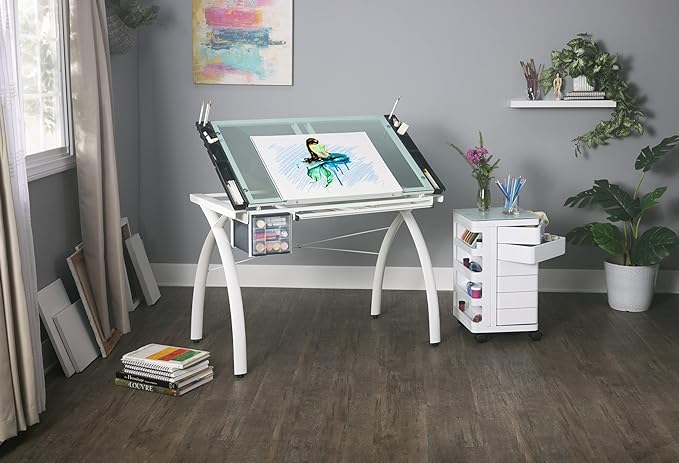 SD STUDIO DESIGNS Futura Craft Station 38" W Drawer and Built-in Pencil Ledge-Tilt Top Drafting Table, Glossy Sage/Clear Glass