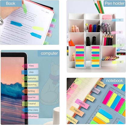 Golcellia Fluorescent Translucent Sticky Tabs, 1600 Pcs Total, Pack of 8 Colors, Arrow and Strip Sticky Notes, Small Page Flags