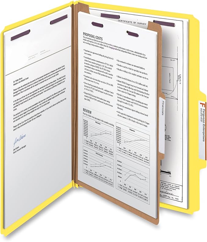 Smead Pressboard Classification File Folder with SafeSHIELD Fasteners, 1 Divider, 2" Expansion, Legal Size, Yellow, 10 per Box (18734)
