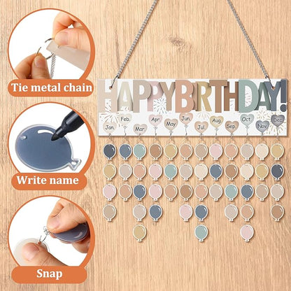 Eersida Birthday Calendar Wall Hanging Family Birthday Plaque with Tags Acrylic Birthday Reminder Calendar Board Classroom Birthday Reminder 120 Tags Christmas Party Gifts Home Decor(Boho Color)