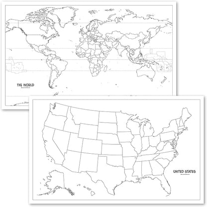2 Pack - USA & World Map Blank Outline Posters - LAMINATED, 18" x 29" - (Wet Erase Markers Only)