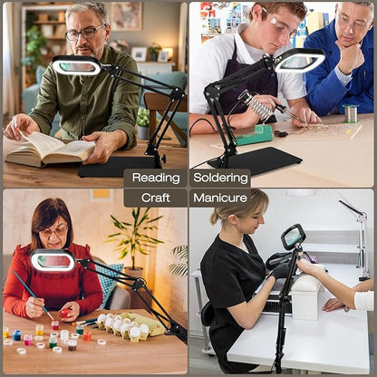 10X Square Magnifying Glass with Light and Stand, Real Glass 5 Color Modes, Brightness Stepless Dimming Lighted Magnifier Hands Free, 2-in-1 Desk Lamp with Clamp for Close Work, Crafts, Hobby, Reading