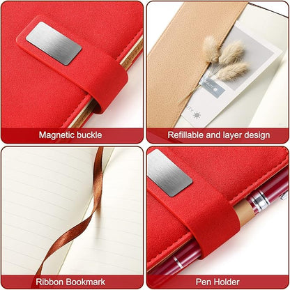 A5 Lined Leather Journal with Pen, 240 Pages Refillable Hardcover Notebook with Pocket and Magnetic Buckle, 80gsm Thick Daily Diary for Men and Women, Great Gift for Business School Travel Personal - Red