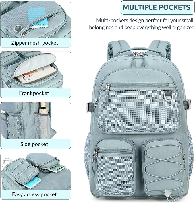Lohol Water Resistant Daypack with Mulitiple Pockets for School Travel Outdoor College, 15.6 inch Laptop Backpack for Men and Women (Grey Blue