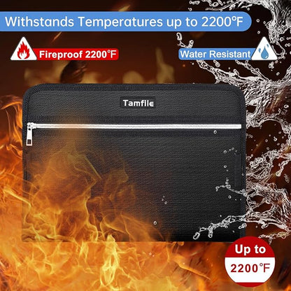 Fireproof Safe Waterproof Accordion File Bag Folder Expanding Filing Folder with 14 Multicolored Pockets, A4 Letter Size, Document Organizer Holder and Color Labels /2 Zipper (Black 14.3" x 9.8")