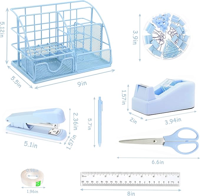 Blue Office Desk Accessories Supplies, 10pcs Desk Organizers and Accessories with Tape Dispenser and Stapler,Staples,Scissor,Ruler,Sticky Tabs,Tape,Ballpoint Pen,Clips Set