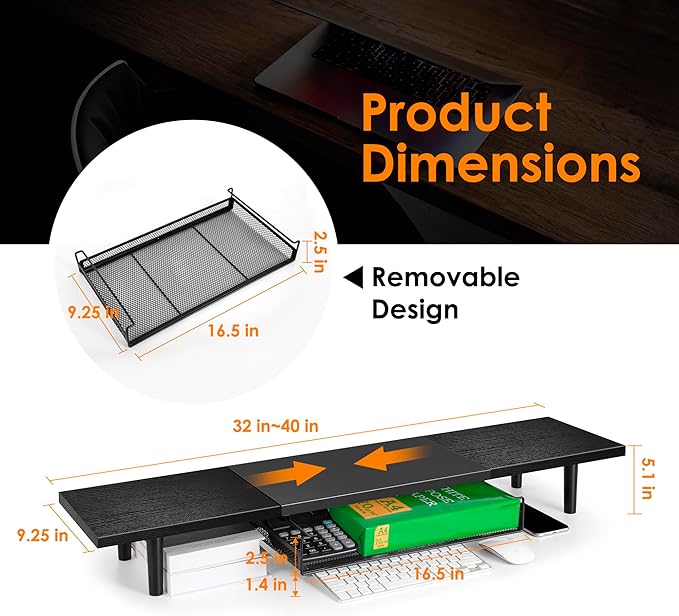 Dual-Computer-Monitor-Stand-Riser For Desk, Expandable Desk Shelf With Drawer For 2 Monitors, Desk Accessories & Workspace Organizers,TV Riser, Desktop Double Laptop Riser With Storage