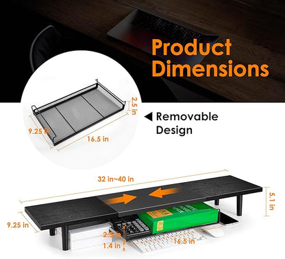 Dual-Computer-Monitor-Stand-Riser For Desk, Expandable Desk Shelf With Drawer For 2 Monitors, Desk Accessories & Workspace Organizers,TV Riser, Desktop Double Laptop Riser With Storage