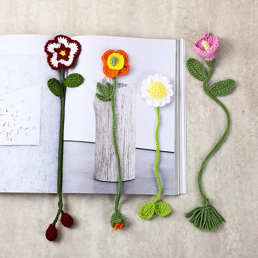 Harloon 4 Pieces Christmas Book Lover Gifts Flowers Crochet Bookmark Book Lovers Bookmarks Handmade Knitted Book Marker Curtain Tiebacks Holdbacks Car Ornaments for Readers Writers Library(Cute)