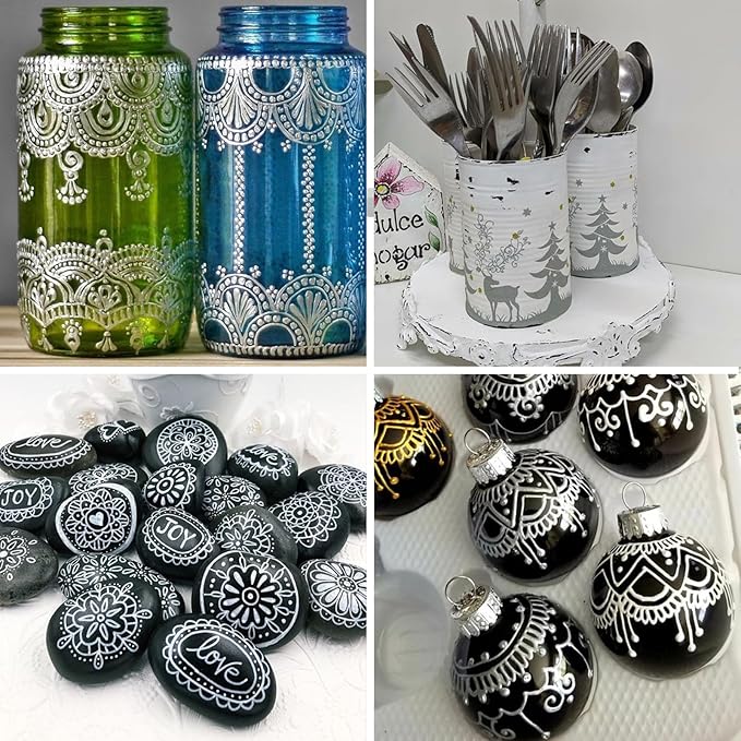 SFAIH Silve Paint Markers Paint Pens - 4 Pack 2-3MM Medium Tip Metallic Acrylic Markers for Rock Painting, Wood, Metal, Fabric, Plastic, Canvas, Glass, Ceramic, Diy Crafts, Drawing, Tire