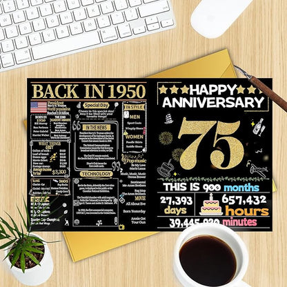 Joycard 75th Anniversary Card for Women Men, Gold Wedding Card for Wife Husband, Sweet Marriage Decorations Gifts for Couple, Perfect for Her Him on Anniversary Day, Back in 1950