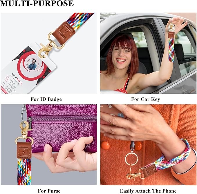 Fishent Stretchy Wristlet Keychain,Braided Cute Wrist Lanyards for Keys, Key Chain Holder for Women Men, Wrist Strap Keychain for Car Keys Phone Camera Wallet ID Badges Card (Rainbow)