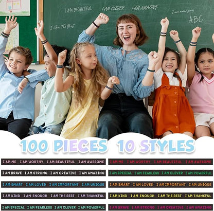 100 Pieces Students Inspirational Silicone Wristbands Motivational Quotes Rubber Bracelets for Kids Students Back to School Gifts (Black)