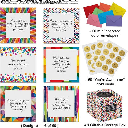 Dessie 60 Inspirational Cards With Envelopes 3.5x3.5. You Are Awesome Seals for Appreciation, Encouragement,Gratitude, Positive Affirmations, Thoughtful Gifts. Post-it Note Size.