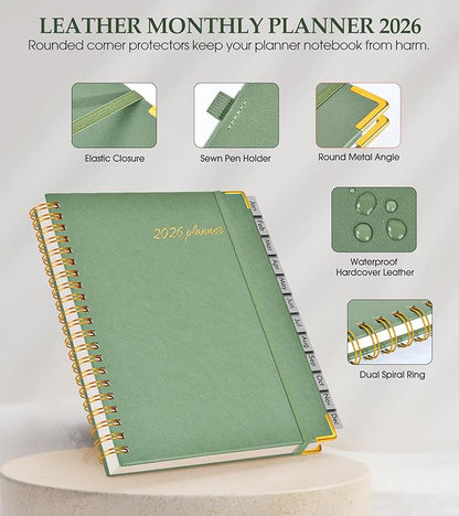 2026 Planner, Weekly and Monthly Calendar Planner from January 2026 - December 2026, 5.75" x 8.38" Hardcover Leather Hourly Appointment Book with Tabs, A5 Spiral Daily Planners for College School Work Home, Green