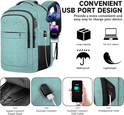 Lapsouno Business Laptop Backpack, Travel Laptop Backpack, Backpack, Anti Theft Sturdy 15.6 Inch TSA Friendly with USB Port, Water Resistant College School Computer Bag Gifts for Men Women,Lake Green