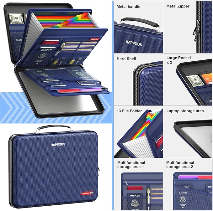 Fireproof File Organizer, Expanding File Folder with 13 Pockets, Portable Fireproof Document Box Hard-Shell Document Organizer Storage for Documents Laptop Passports Cards Blue