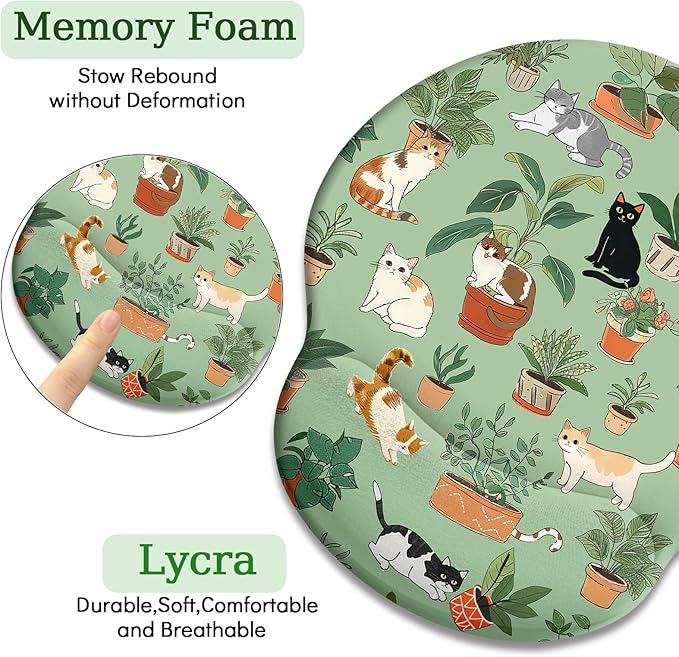 Cat Ergonomic Mouse Pad with Wrist Rest, Green Computer Mouse Pad Wrist Support with Non-Slip Pain Relief PU Base, Funny Mouse Pads for Desk Work, Cute Cat Office Desk Decor Accessories