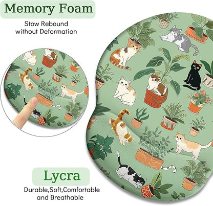 Cat Ergonomic Mouse Pad with Wrist Rest, Green Computer Mouse Pad Wrist Support with Non-Slip Pain Relief PU Base, Funny Mouse Pads for Desk Work, Cute Cat Office Desk Decor Accessories