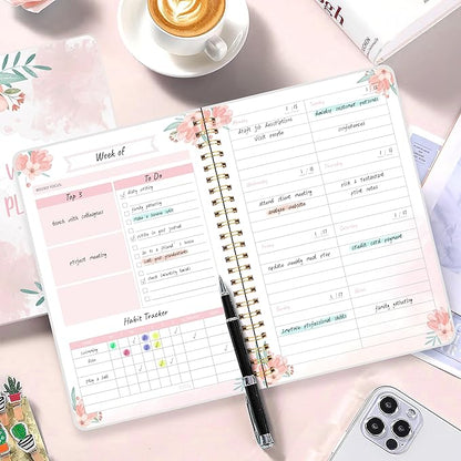KMQOY Weekly Planner - Undated 52-Week To Do List Notebook with Habit Tracker Spiral Weekly Planner Notebook for Weekly Goals/Work Planner, 5.8" * 8" - pink flower