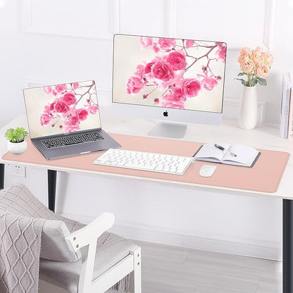 Large Desk Mat -47.2" x 17.5" Leather Desk Pad Protector with Natural Cork & PU Leather, Non-Slip Office Desk Mat, Double-Sided Mouse Pad, Waterproof Large Desk Pad for Office&Home(Pink)