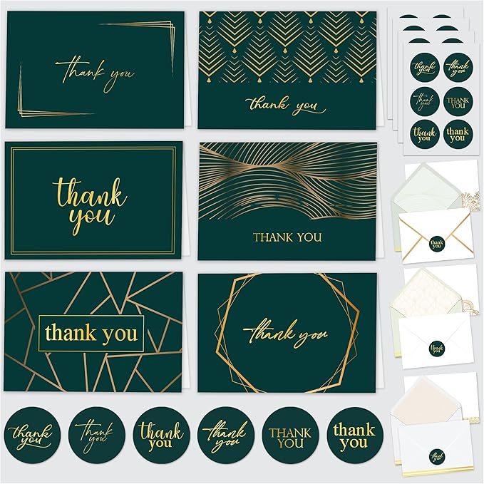 Decorably 24 Gold-Foiled Pack 6x4in Thank You Cards Green with Envelopes and Stickers, 6 Elegant Designs Thank You Cards with Envelopes Green, Blank Inside - Wedding, Holidays