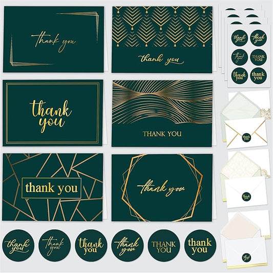 Decorably 24 Gold-Foiled Pack 6x4in Thank You Cards Green with Envelopes and Stickers, 6 Elegant Designs Thank You Cards with Envelopes Green, Blank Inside - Wedding, Holidays