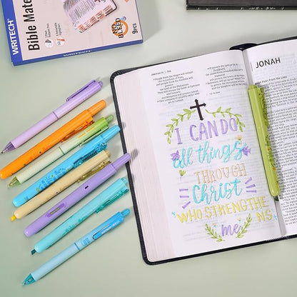 WRITECH Bible Mate Journaling Set: No Bleed Bible Highlighters & 0.7mm Black Ink Ballpoint Pens, Fast-Drying Ink, Pastel Colors Highlighter, Journaling Kit, 9ct