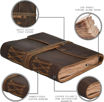LEATHER VILLAGE Leather Bound Journal - Rustic Brown, 13"X8", 220 Pages - Vintage Blank Paper Diary for Writing, Drawing, Sketchbook, and Travel Notebook - Ideal for Women and Men