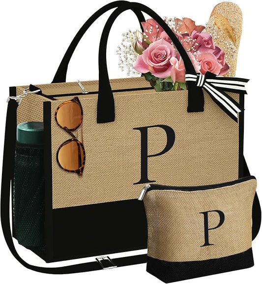 YOOLIFE Christmas Gifts for Women - Initial Jute Tote Bag & Makeup Bag, Birthday Gifts for Women Her Mom Teacher Friend
