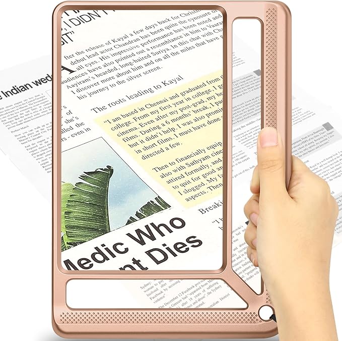 5X Full Page Magnifying Glass for Reading, Lightweight Rectangular Magnifier Provides Large Book Page Viewing Area, Handheld Magnifier for Reading Small Print for Seniors, Low Vision-Rose Gold