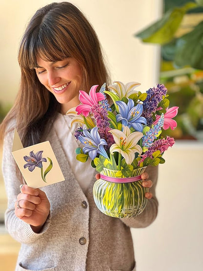 Freshcut Paper Pop Up Cards, Lilies & Lupines 12 inch Paper Flower Bouquet Greeting Cards with Blank Note Card & Envelope, Birthday Gifts for Women