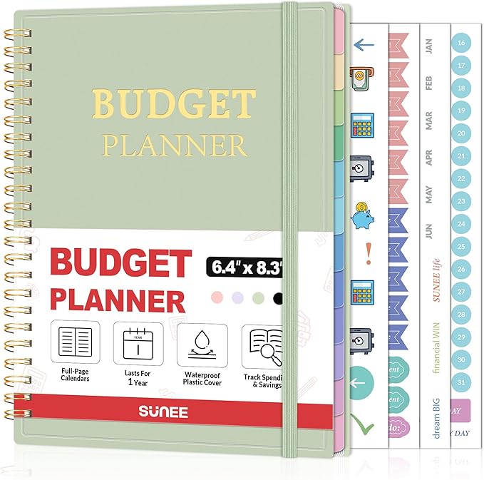 SUNEE Budget Planner - Monthly Budget Book with Expense Tracker Notebook, Undated 12 Month Bill Organizer & Finance Planner to Manage Your Money, A5(6.4" x 8.3") Account Book with Colorful Tab, Green
