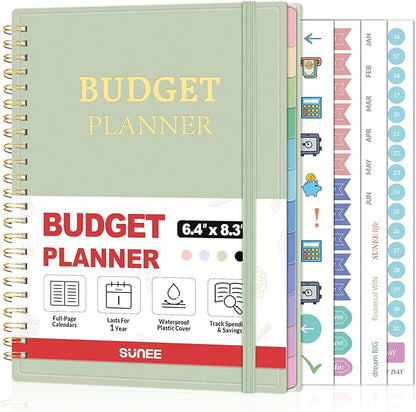 SUNEE Budget Planner - Monthly Budget Book with Expense Tracker Notebook, Undated 12 Month Bill Organizer & Finance Planner to Manage Your Money, A5(6.4" x 8.3") Account Book with Colorful Tab, Green