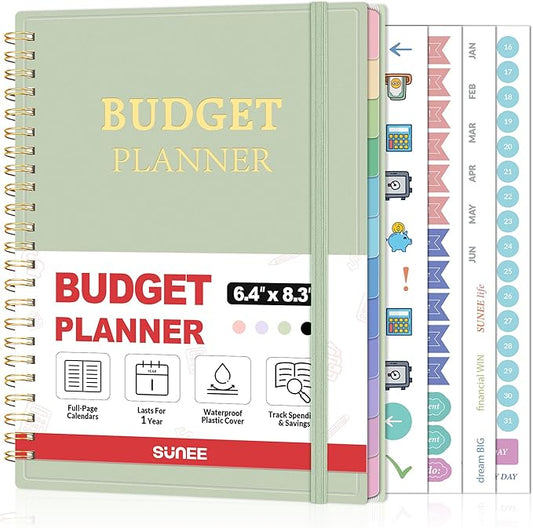 SUNEE Budget Planner - Monthly Budget Book with Expense Tracker Notebook, Undated 12 Month Bill Organizer & Finance Planner to Manage Your Money, A5(6.4" x 8.3") Account Book with Colorful Tab, Green