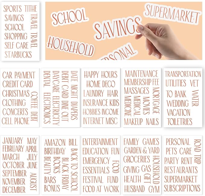 OOUUREC 100 Rose Gold Budget Category Stickers - Clear Vinyl Planner Decals for Cash Envelope System Wallet