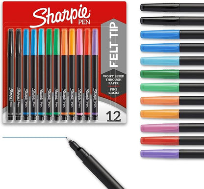 Sharpie Felt Tip Pens, Fine Point Pens (0.4Mm) Felt Tip Markers, Journaling Pens, Art Markers, Drawing Markers, Assorted Colors, 12 Count