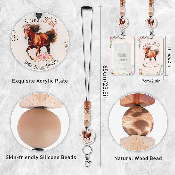 ID Badge Holder with Lanyard, Horse Flowers Western Badge Holder with Beaded Adjustable Lanyard, Horse Lovers Gifts for Teachers Students Office Workers