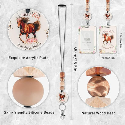 ID Badge Holder with Lanyard, Horse Flowers Western Badge Holder with Beaded Adjustable Lanyard, Horse Lovers Gifts for Teachers Students Office Workers