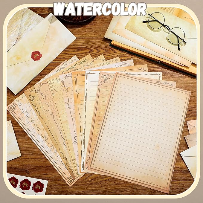 TaoBary 160 Packs Stationery Paper Set (50 Double Sided Stationery Writing Papers 50 Matching Envelopes) 60 Round Dot Sticker, 10 Design(Light Vintage,8.5 x 11 Inch)