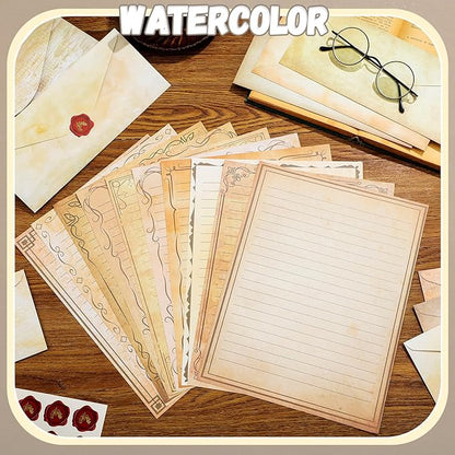 TaoBary 160 Packs Stationery Paper Set (50 Double Sided Stationery Writing Papers 50 Matching Envelopes) 60 Round Dot Sticker, 10 Design(Light Vintage,8.5 x 11 Inch)