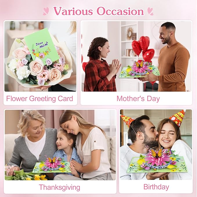 D4DREAM Mothers Day Pop Up Card for Mom - 3D Butterfly Flower Greeting Card with Envelope and Note Tag I Love Mom Pop Up Birthday Gift for Her from Daughter Son