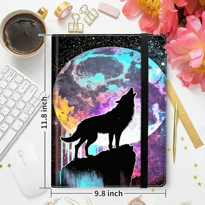 Padfolio Folder with Clipboard,Portfolios Organizer Clipboards with Storage Clipboard Writing Pad PU Leather Conference Document Organizer with Business Card Holder,Moon Wolf