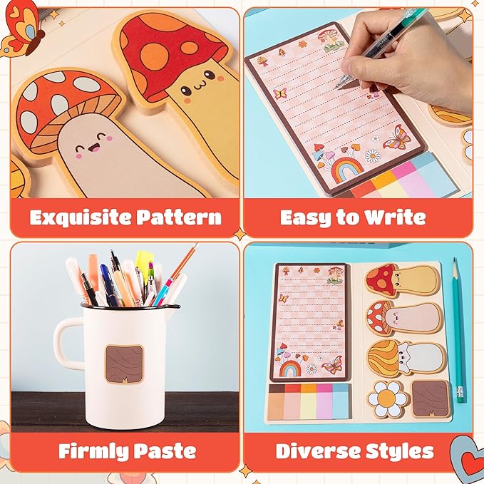 B1ykin Sticky Notes Set - Cartoon Theme Cute Self-Stick Notes Pad Teacher Appreciation Gifts， Self-Adhesive Writing Memo Pages Sticky to Do Notepad for Kids Employee School Office (Retro Mushroom)