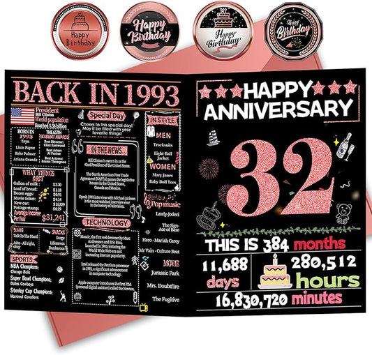 Joycard 32nd Anniversary Card for Women, Wedding Card for Wife, Sweet Marriage Decorations Gifts for Couple, Perfect for Her on Anniversary Day, Back in 1993