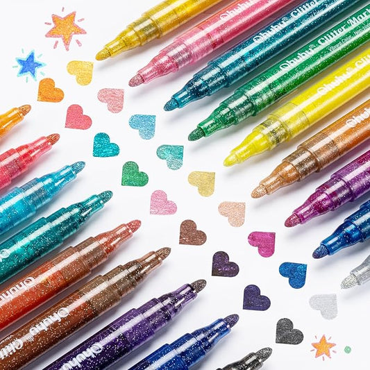 Ohuhu Glitter Markers Pen 18 Glitter Colors Metallic Shimmer Marker Round Point Tip Water-based Ink for Kids Adults DIY Crafts Greeting Birthday Cards Making Poster Album Scrapbooking Mugs Wood