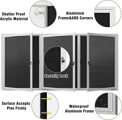 70"x34" Enclosed Bulletin Board, Outdoor Lockable Weather-Resistant Aluminum Cork Noticeboard for School & Office, Silver Frame w/Black Flet