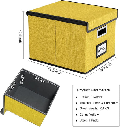 Huolewa Collapsible File Storage Organizer Box with Lid, Linen Document Storage Organization, Universal Hanging Filing Box for Letter/Legal Folder, Decorative Office/Home File Bins - yellow, box only
