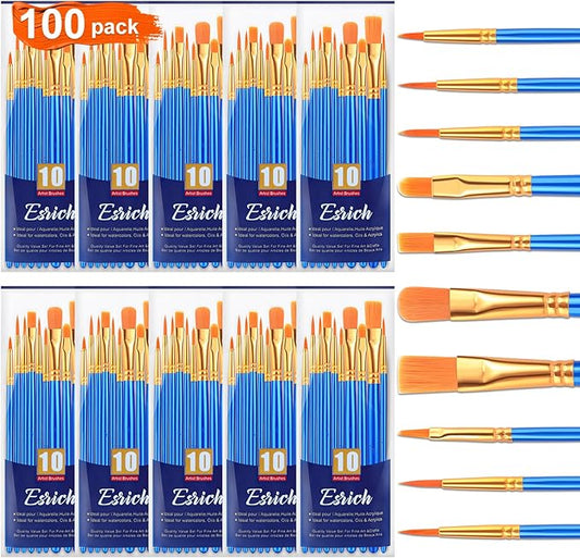 ESRICH Acrylic Paint Brushes Set, 10 Packs/ 100 Pcs Watercolor Brushes,Nylon Brush Head, for Oil Painting, Gouache, Face,Ceramics etc, Kid's and Adults Painting Arts and Crafts Paint Sets.