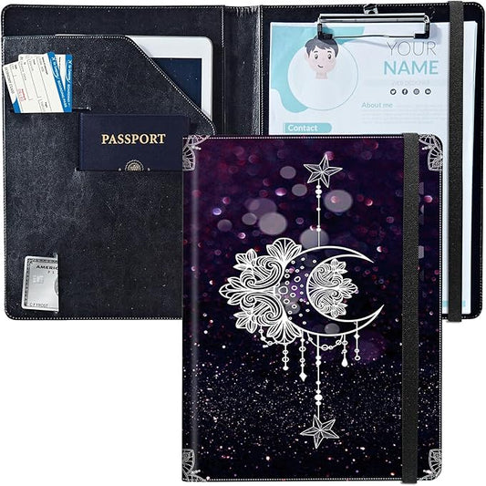 PU Leather Padfolio Clipboard Notepad with Pen Loop and Elastic Strap Interview/Resume Document Organizer for Business School Office,Moon Star Galaxy Florals